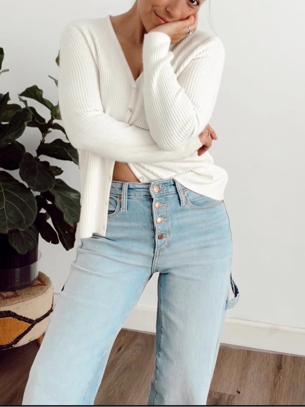 Vintage Ribbed V Neck Cream Cardigan